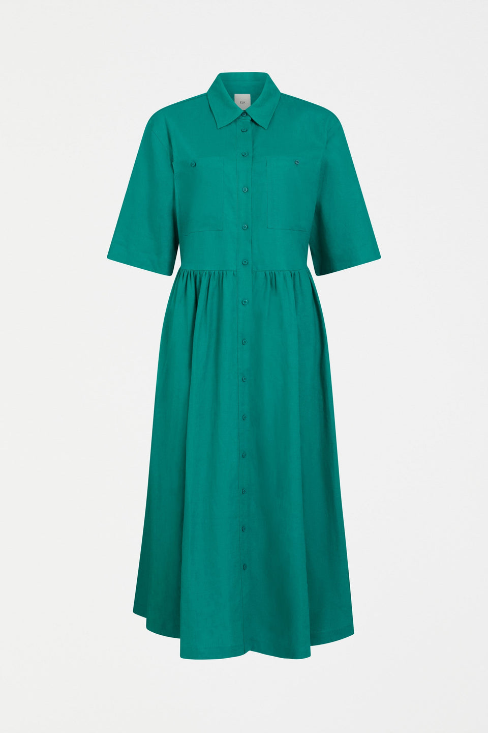 Llinen Long Waisted Short Sleeve Linen Shirt Dress Green Model | DEEP TEAL