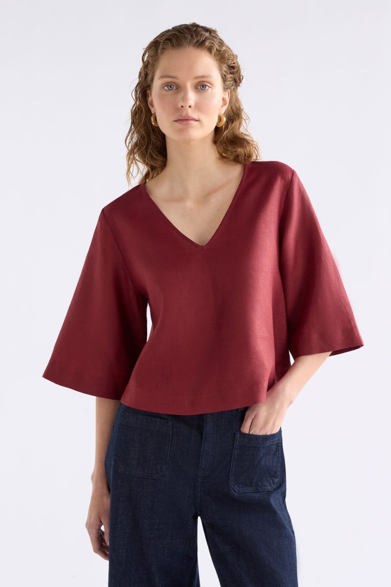 Llinen Light V Neck Top Tops - ELK | BORDEAUX