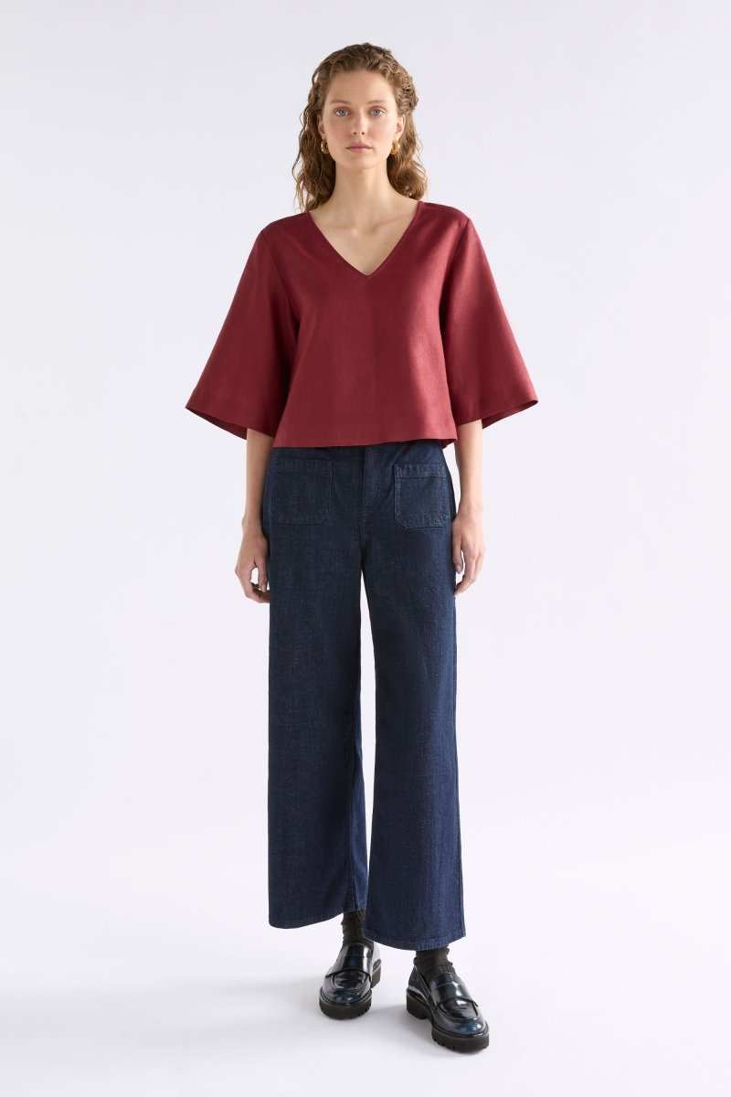 Llinen Light V Neck Top Tops - ELK | BORDEAUX