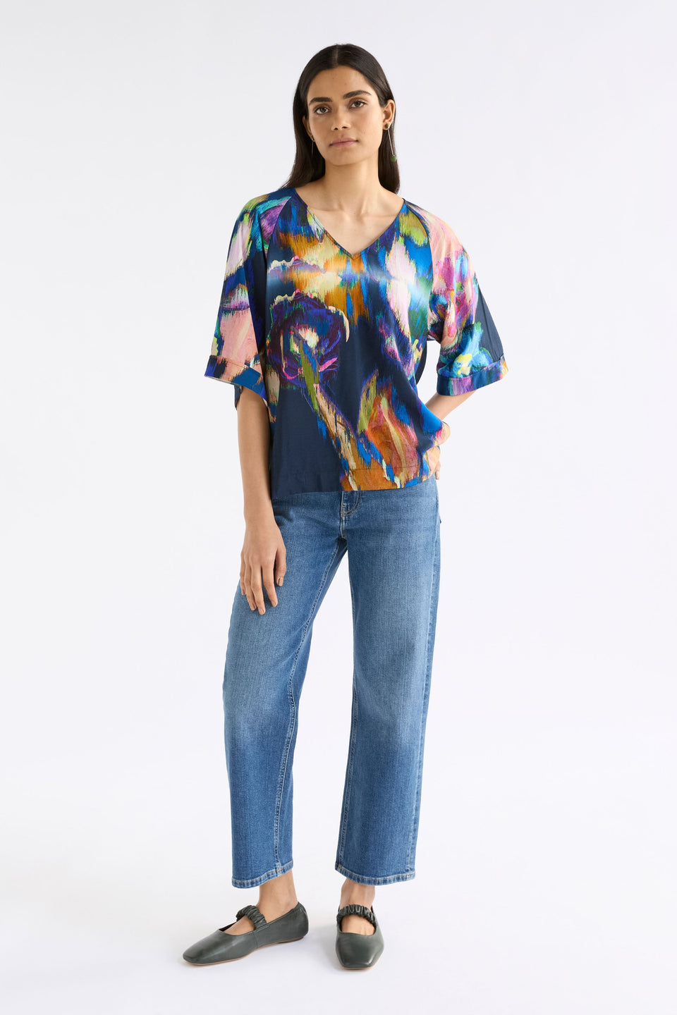 Moda Floral Print Silky V-neck Top Model front full body | VAARA PRINT