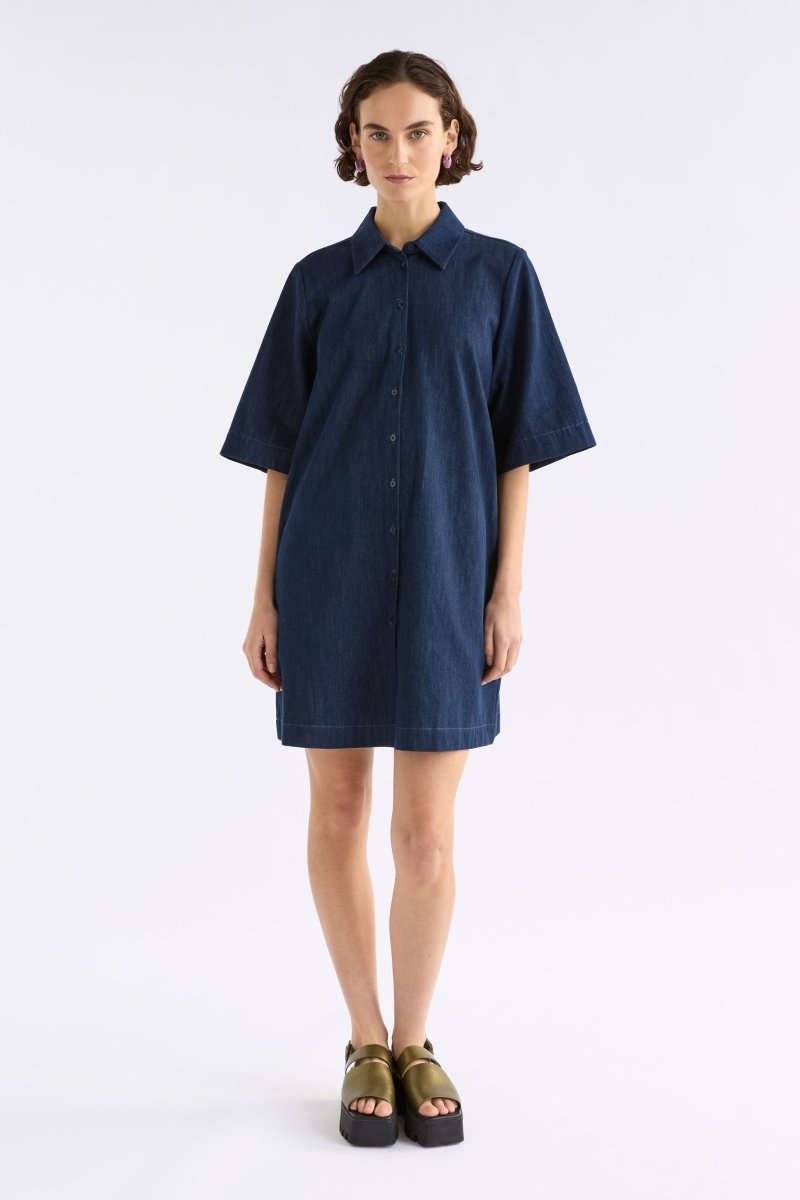 Dennem Boxy Short, Short Sleeve Denim Shirt Dress ELK Model Front | DARK BLUE RINSE