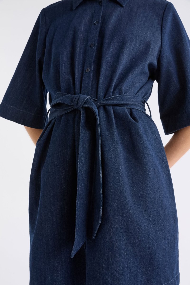 Dennem Boxy Short, Short Sleeve Denim Shirt Dress ELK Model Front Detail | DARK BLUE RINSE