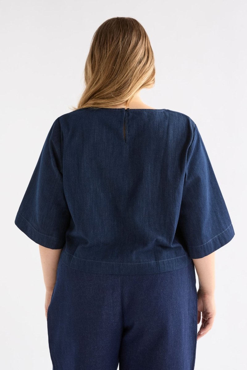 Dennem Boxy Cropped Denimi Tee Top Curve Model Back | DARK BLUE RINSE