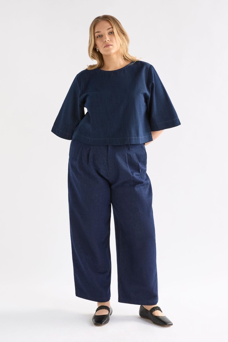 Dennem Boxy Cropped Denim Tee Top Curve Model Front | DARK BLUE RINSE