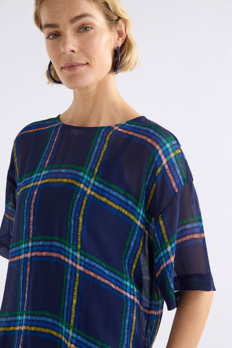 Statte Top on Model Close Up Detail with earring | ELBA CHECK