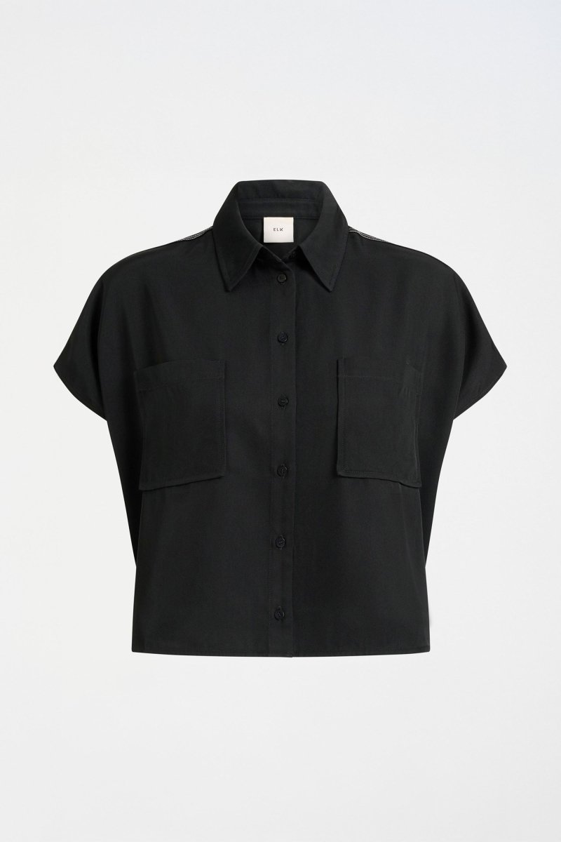 Beton Cropped Short Sleeve Contrast Top Stitch Shirt Front | BLACK