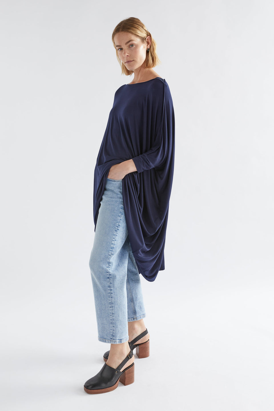 Wide Stretch Classic Jersey Dress Model side | Navy