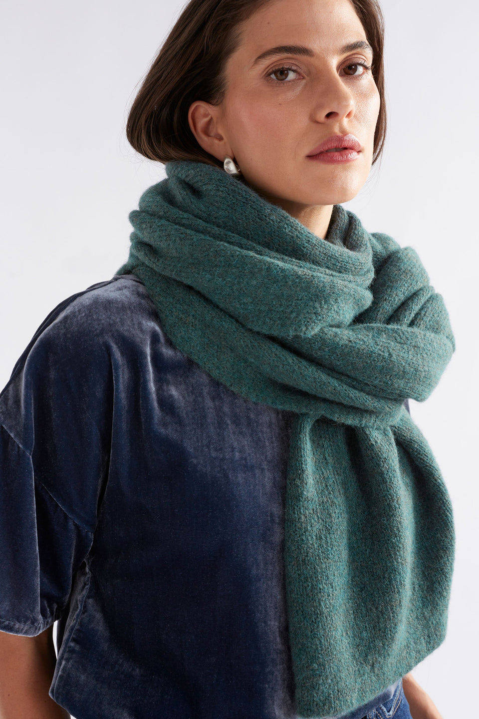 Agna Alpaca Merino Wool Scarf Model Front detail | SEA MOSS