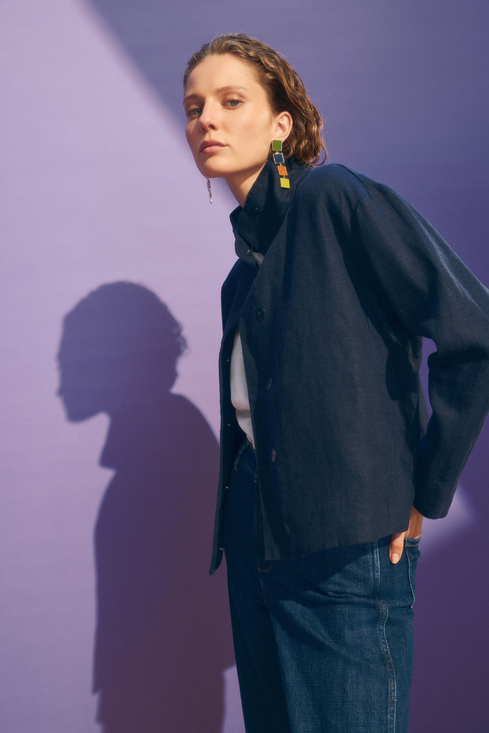 Hofer Funnel Neck Linen Snap Closure Short Jacket Model Front | MOONLIGHT