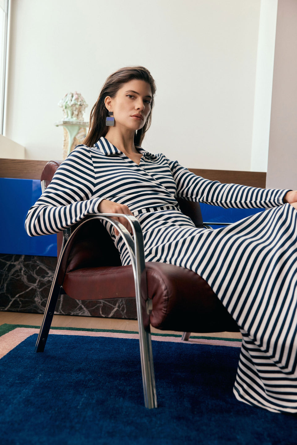 Kullan Organic Cotton Ribbed Wrap Collared Long Sleeve Dress Campaign | WHITE INK STRIPE