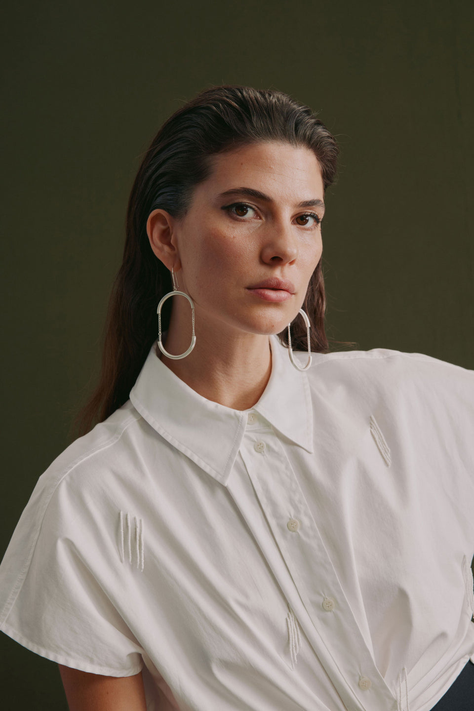 Klode Relaxed Fit Short Sleeve Crop Shirt With Subtle Bead Campaign | WHITE