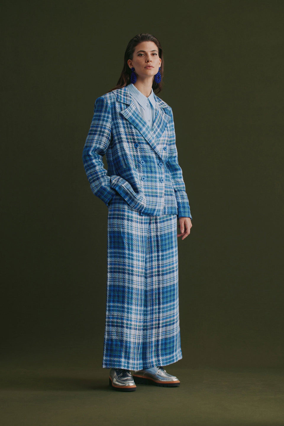 Ranie Wide Leg Woven Linen Check High Waisted Pant Model Campaign | BLUE MULTI CHECK