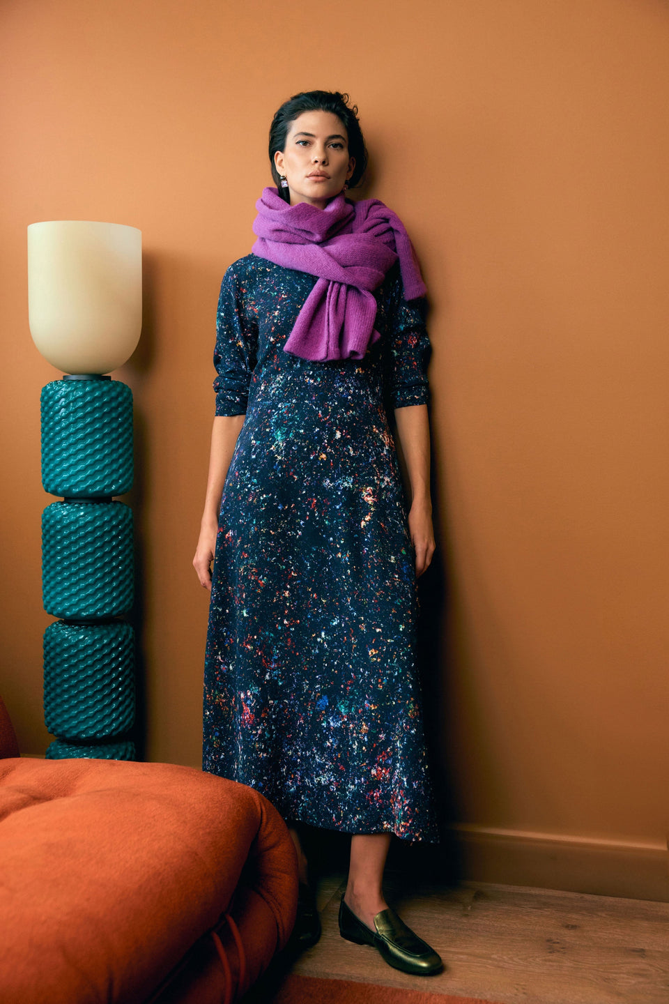 Solina Long Sleeve Midi Print Dress with Shirring Detail Model Front Campaign | TOLA PRINT