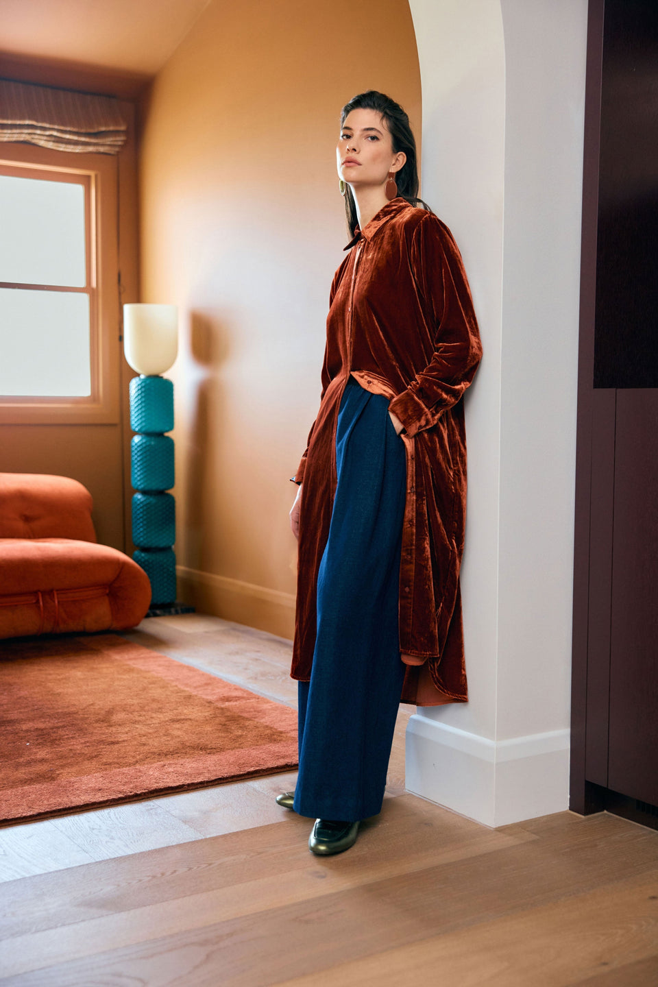 Suuri Velvet Scooped Hem Midi Shirt Dress Model Campaign | SPICE