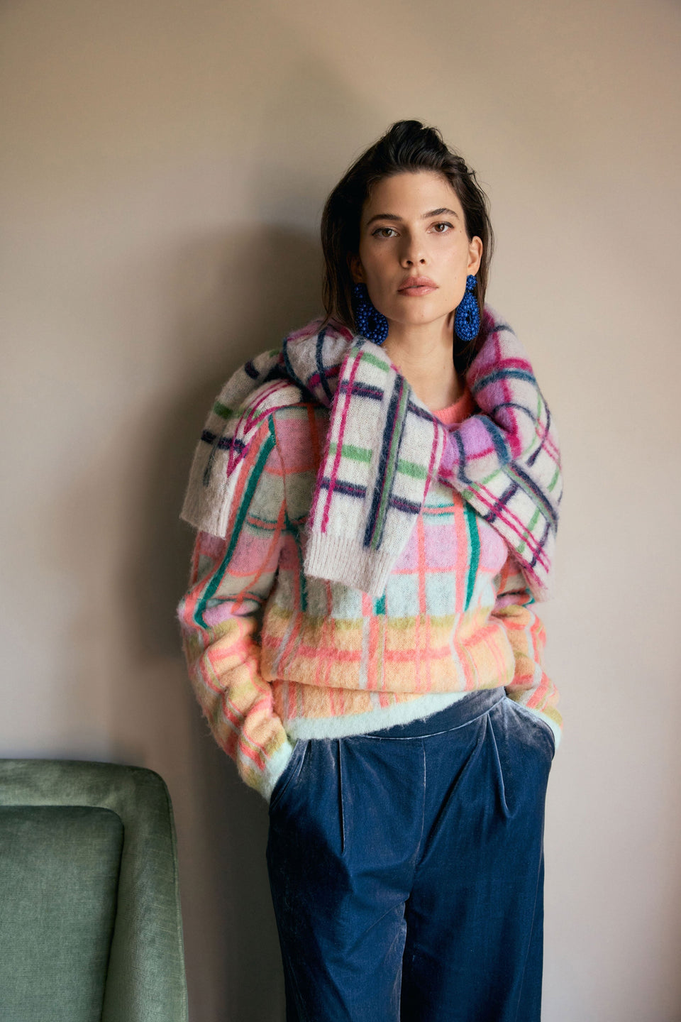Ostti Alpaca Merino Wool Bold Coloured Check Fluffy Sweater Model Front Campaign | PINK PUNCH CHECK