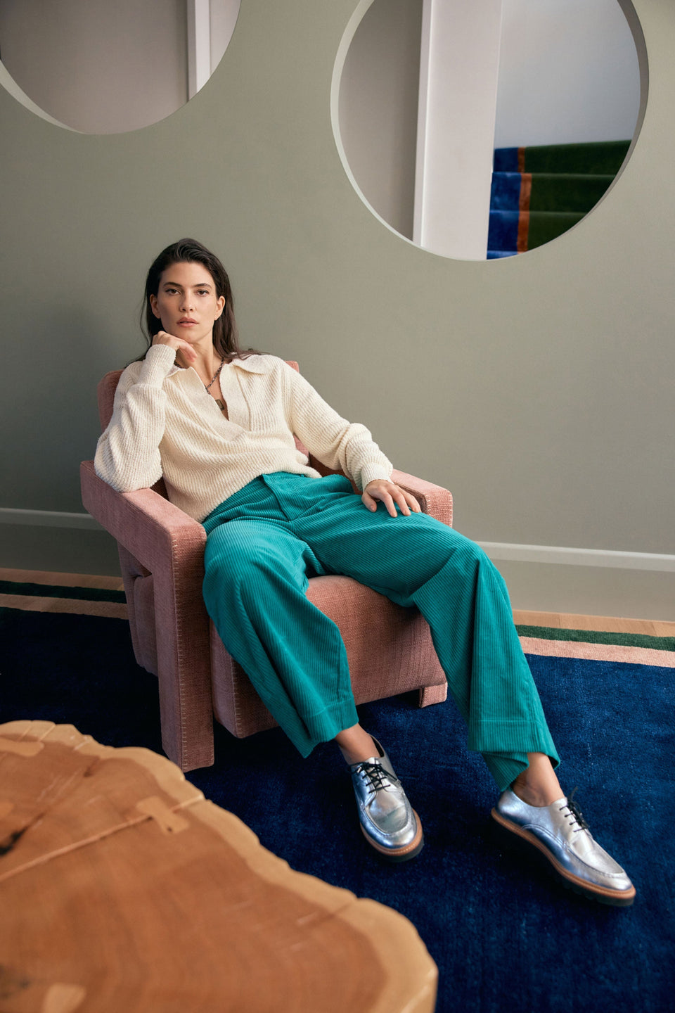 Rhes Organic Cotton Chunky Wide Leg High Rise Cord Pant Campaign | ISLAND GREEN