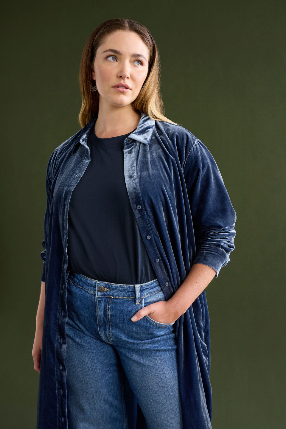 Suuri Velvet Scooped Hem Midi Shirt Dress Model Chanel Campaign Front as jacket 2 | BLUE STEEL