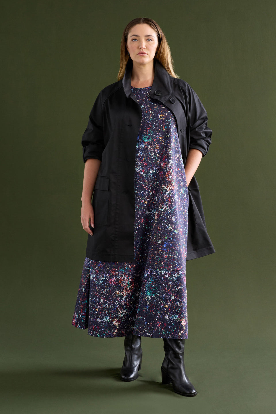 Haki Long Organic Cotton Jersey Print Tshirt Dress Model Chanel Front with Jacket | TOLA PRINT