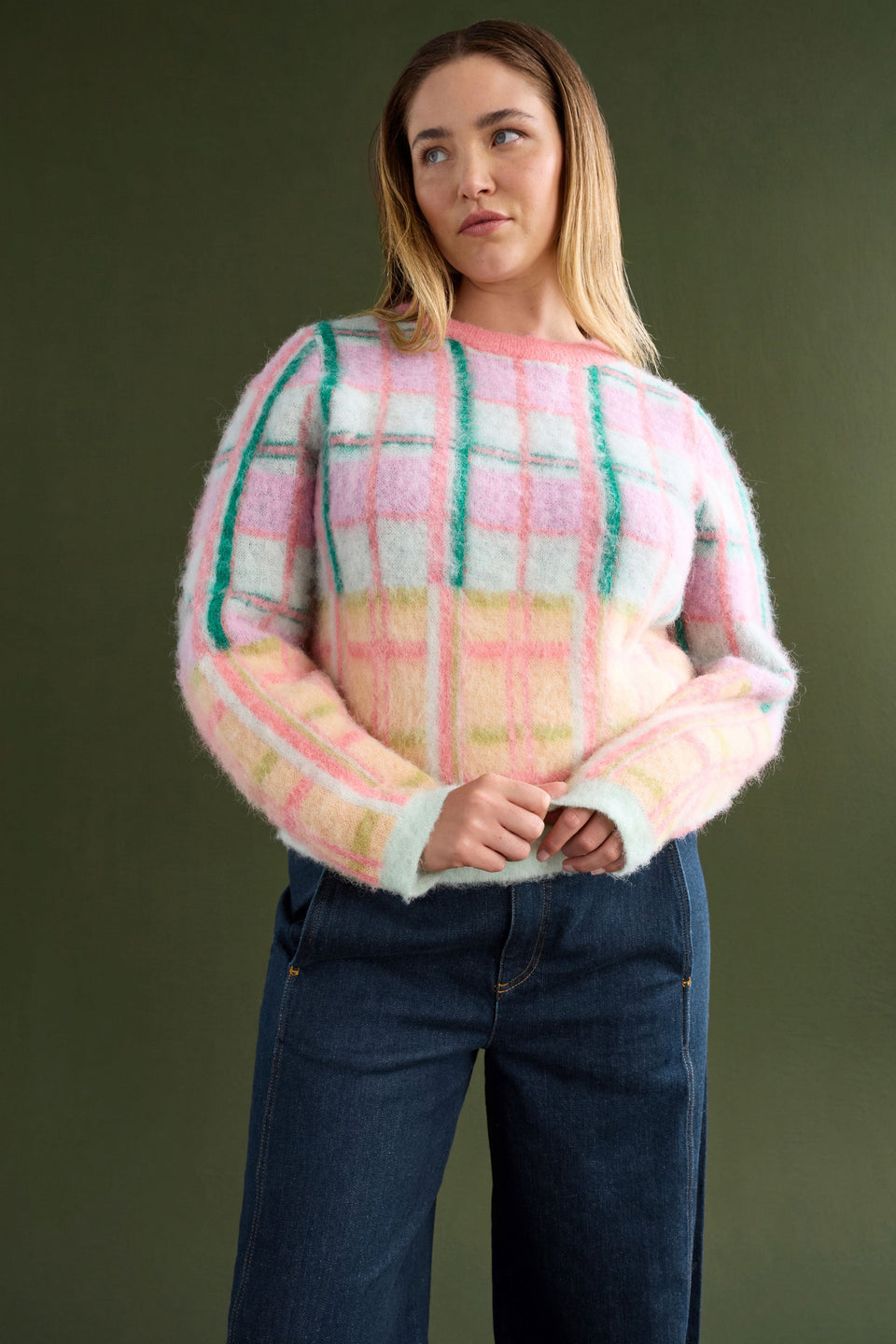 Ostti Alpaca Merino Wool Bold Coloured Check Fluffy Sweater Model Chanel Front | PINK PUNCH CHECK