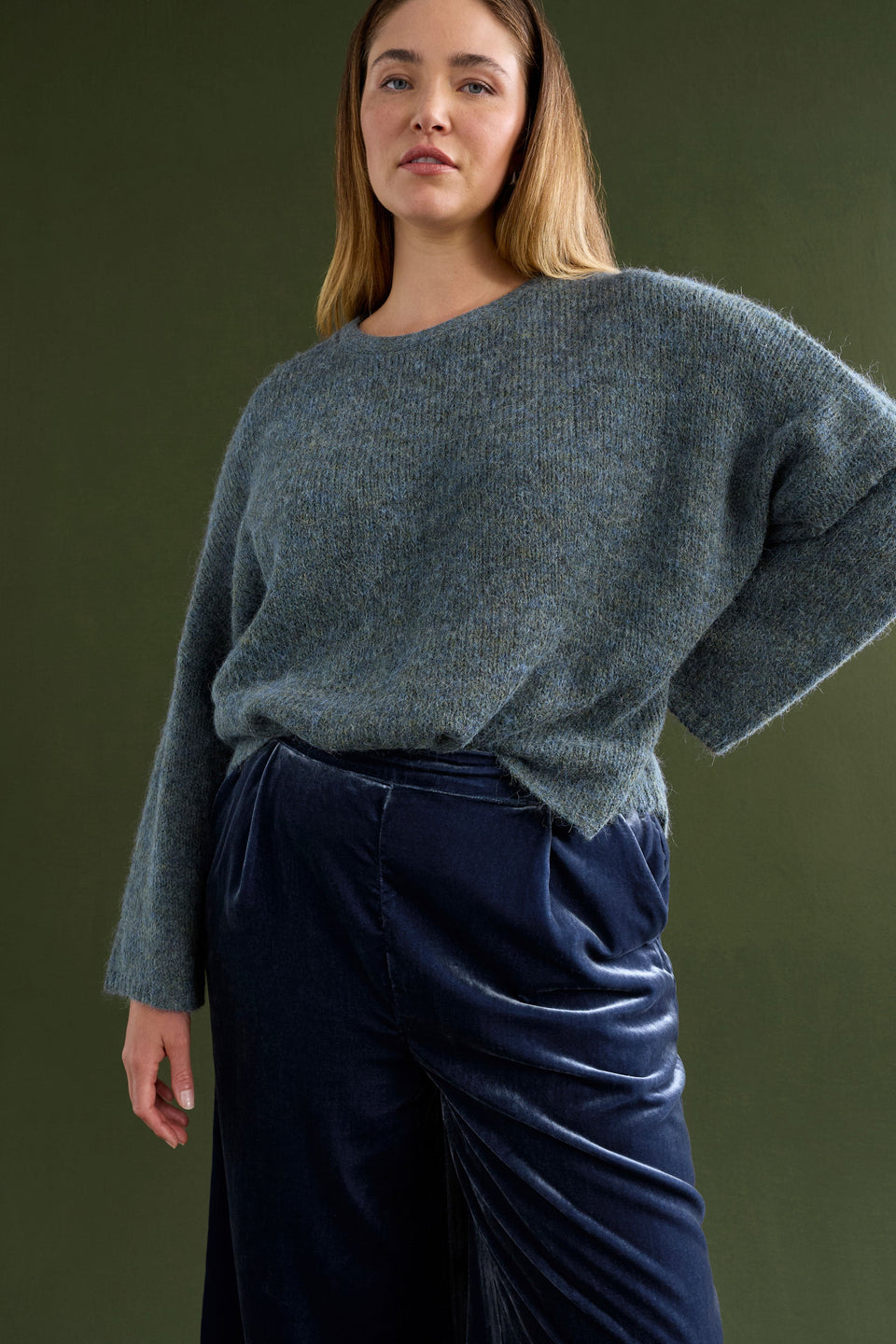 Suuri Velvet Wide Leg Elastic Waist Pant Model Chanel Front detail Campaign | BLUE STEEL