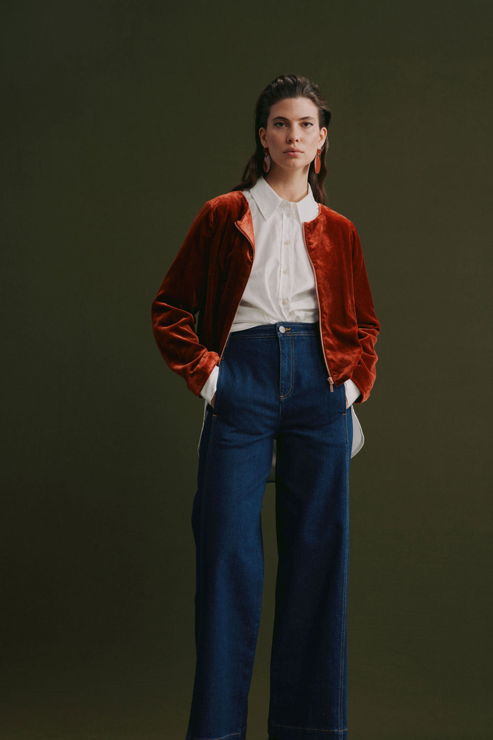 Suuri Velvet Zip Up Short Jacket Model Front Campaign Full Body| SPICE