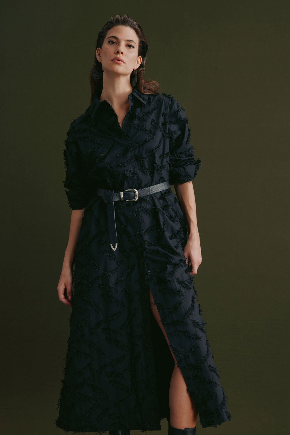 Etra Statement Embroidered Organic Cotton Long Sleeve Shirt Dress Model Front Campaign | BLACK