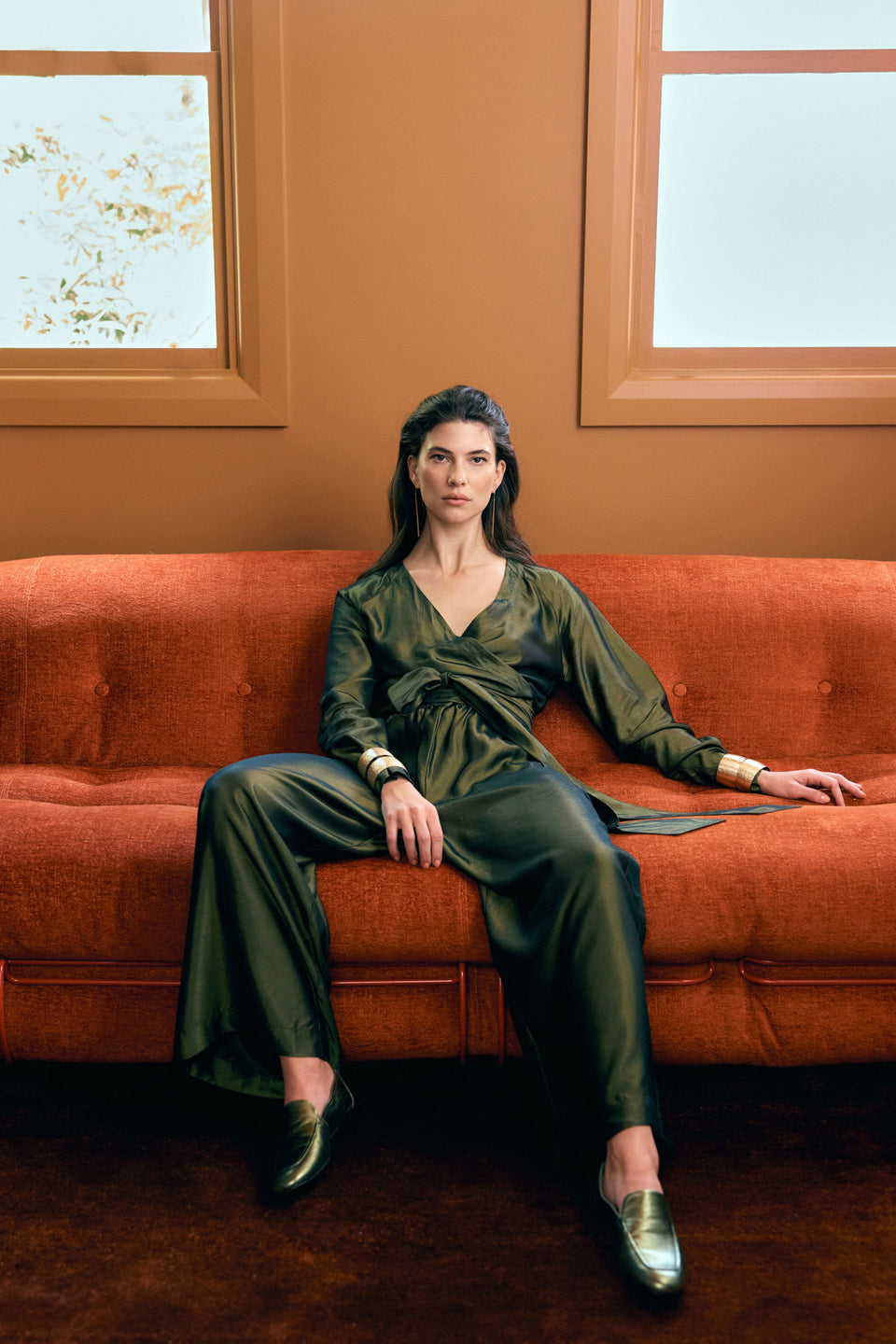 Medjal Metallic Wrap Long Sleeve Top Model Front Campaign | GOLD BLACK