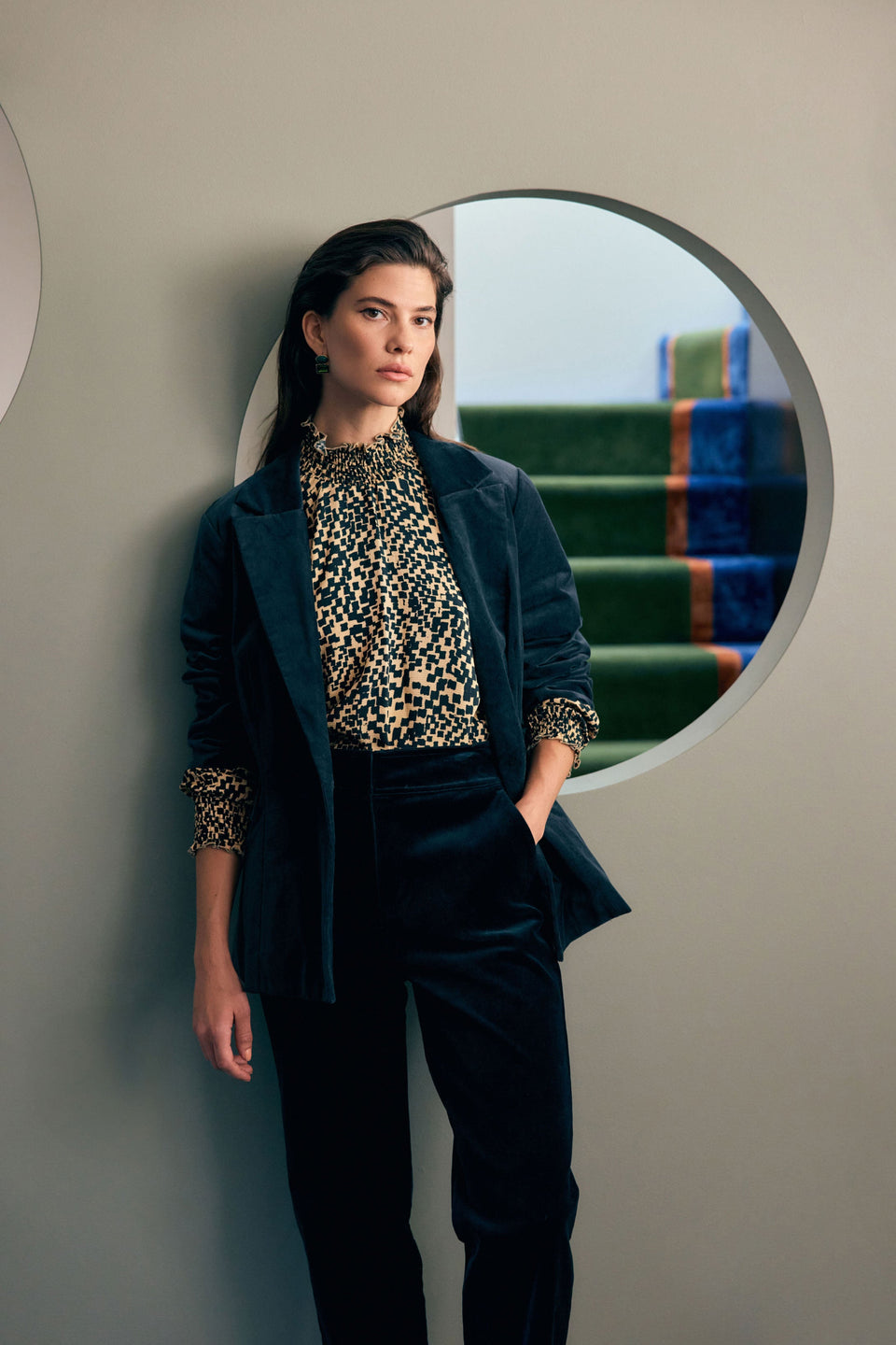 Veda Shirred Neck and Cuff Long Sleeve Top Model Front Campaign | BEIGE SINDA