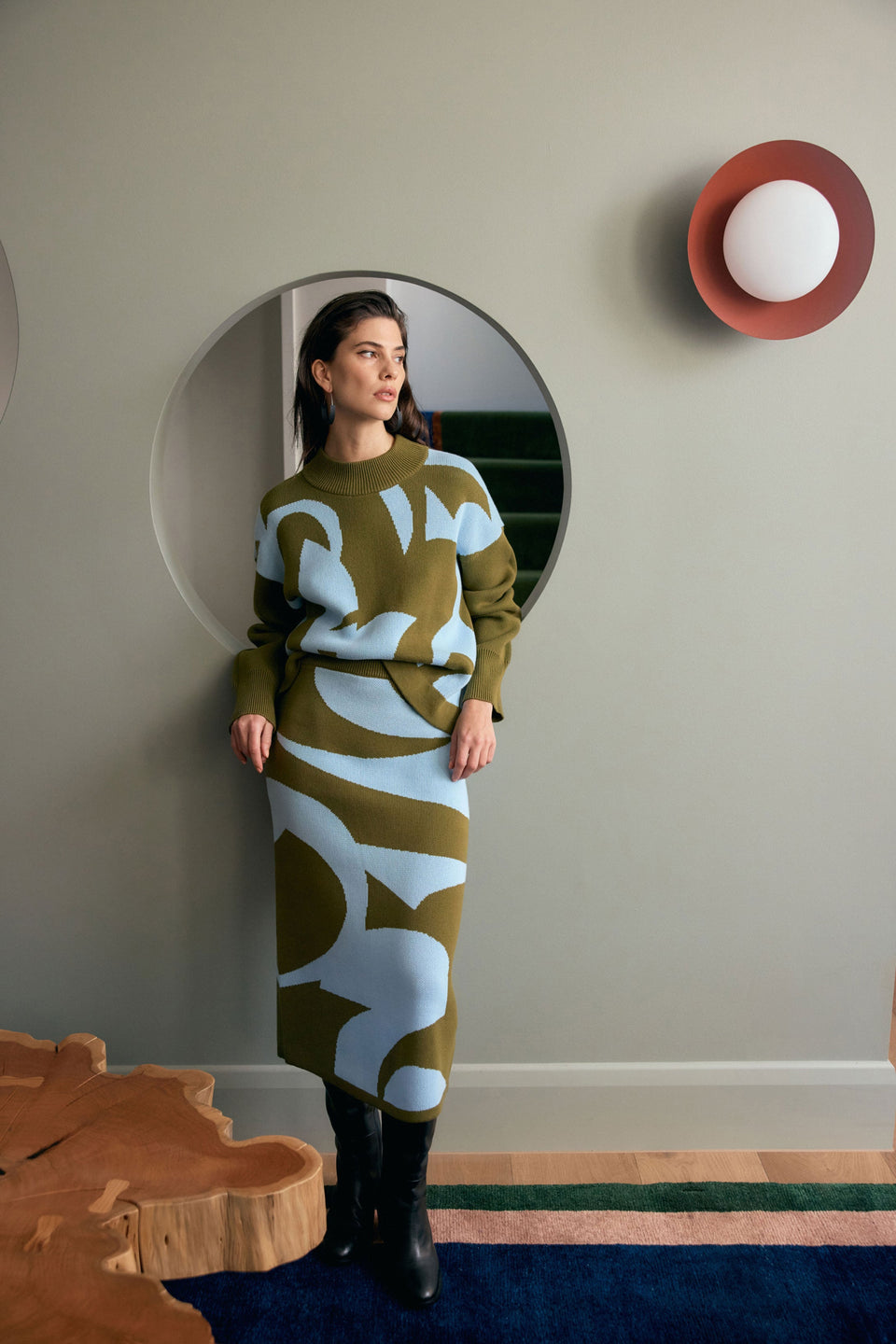 Leben Organic Cotton Jacquard Pattern Funnel Neck Knit Sweater Model Front Campaign | WASHER BLUE ARTICHOKE