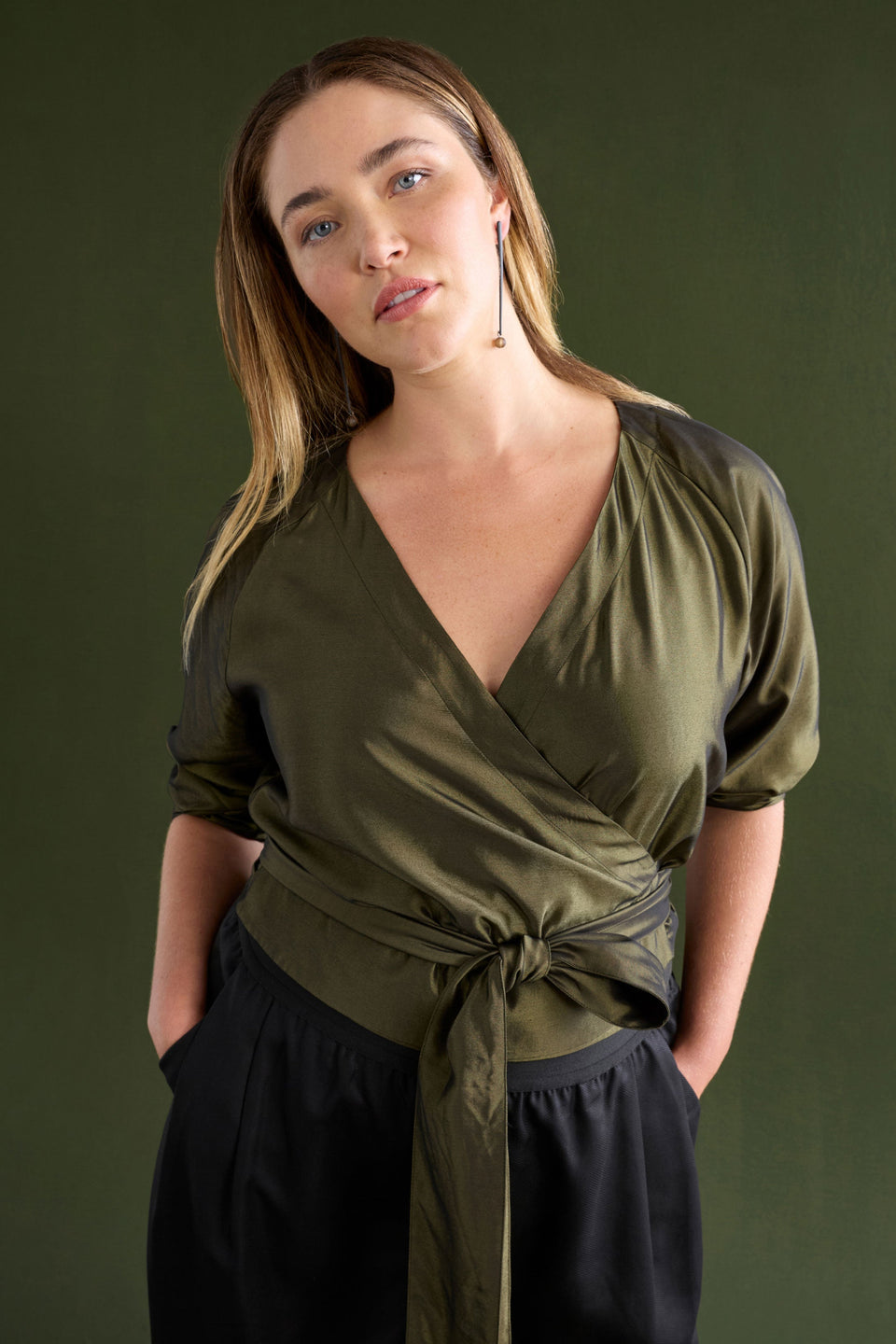 Medjal Metallic Wrap Long Sleeve Top Model Chanel Front | GOLD BLACK