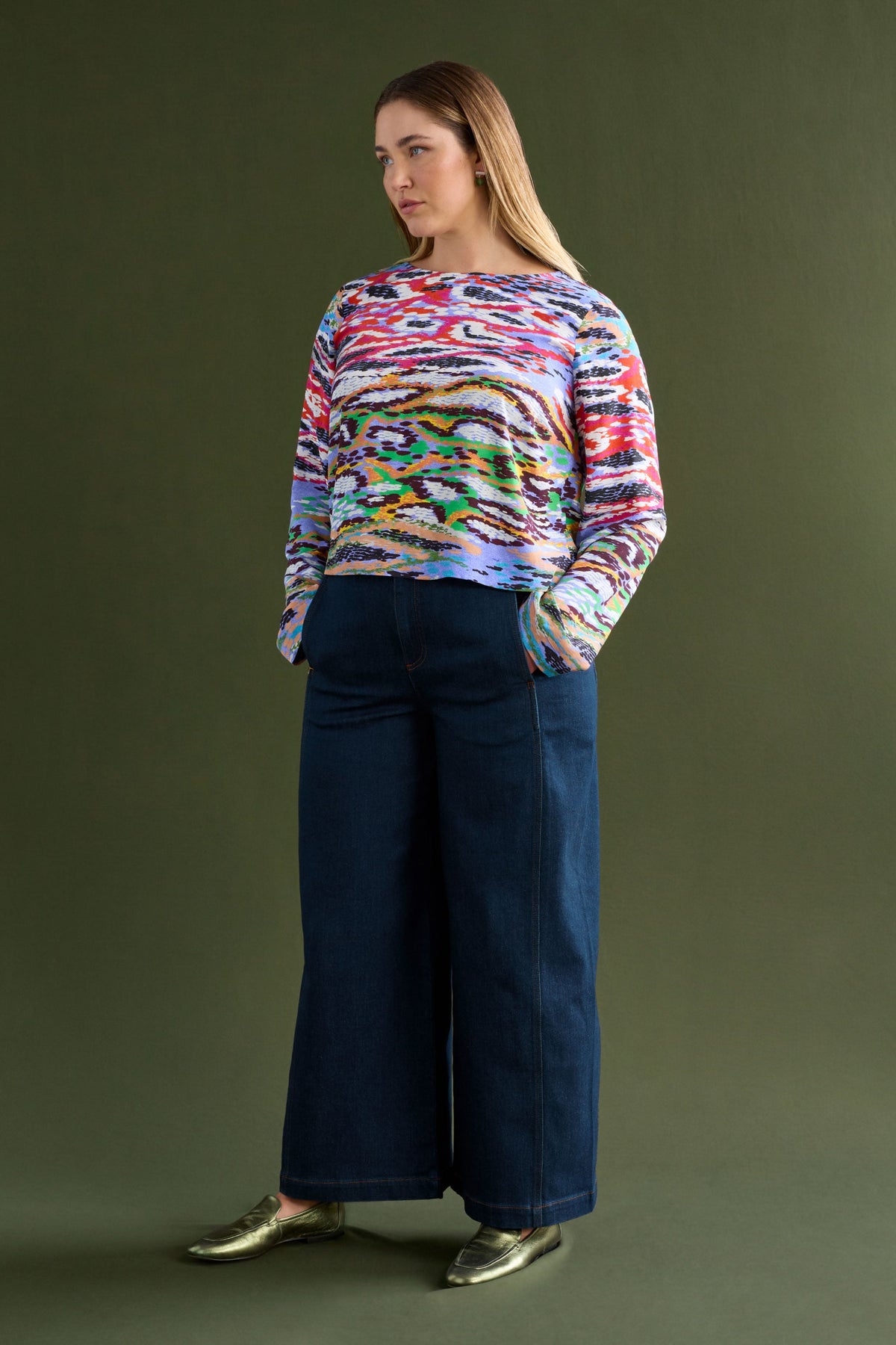 Dega Long Sleeve Silky-Feel Coloured Snake Print Top Model Chanel Front | SERP PRINT