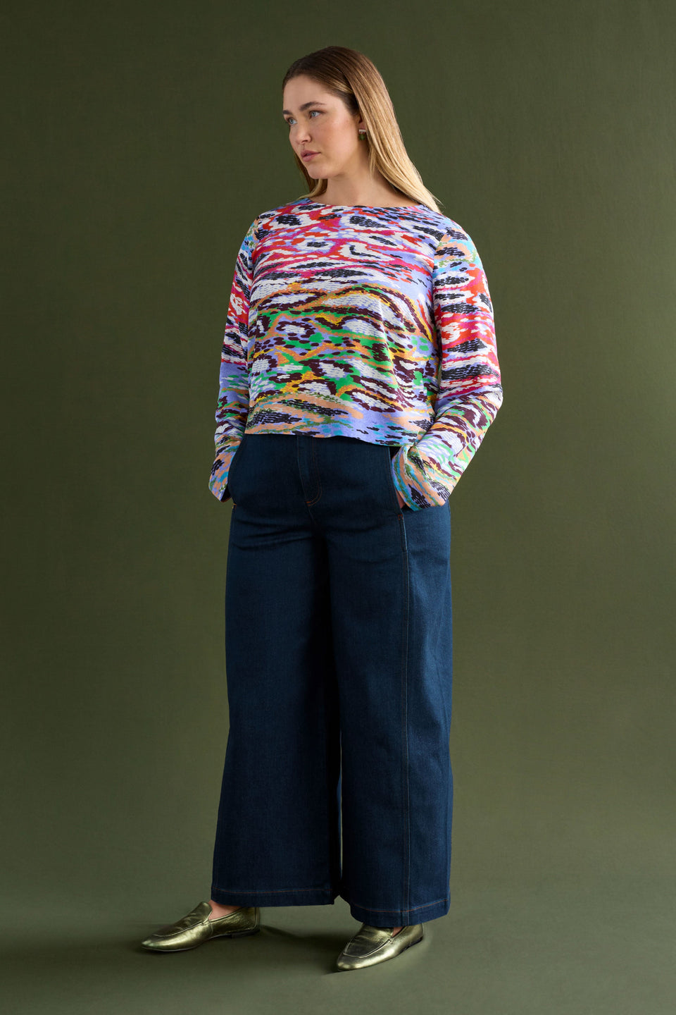 Dega Long Sleeve Silky-Feel Coloured Snake Print Top Model Chanel Front | SERP PRINT