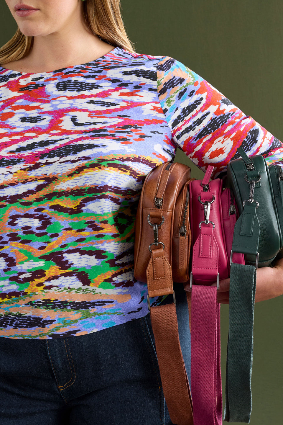 Dega Long Sleeve Silky-Feel Coloured Snake Print Top Model Front Crop detail | SERP PRINT