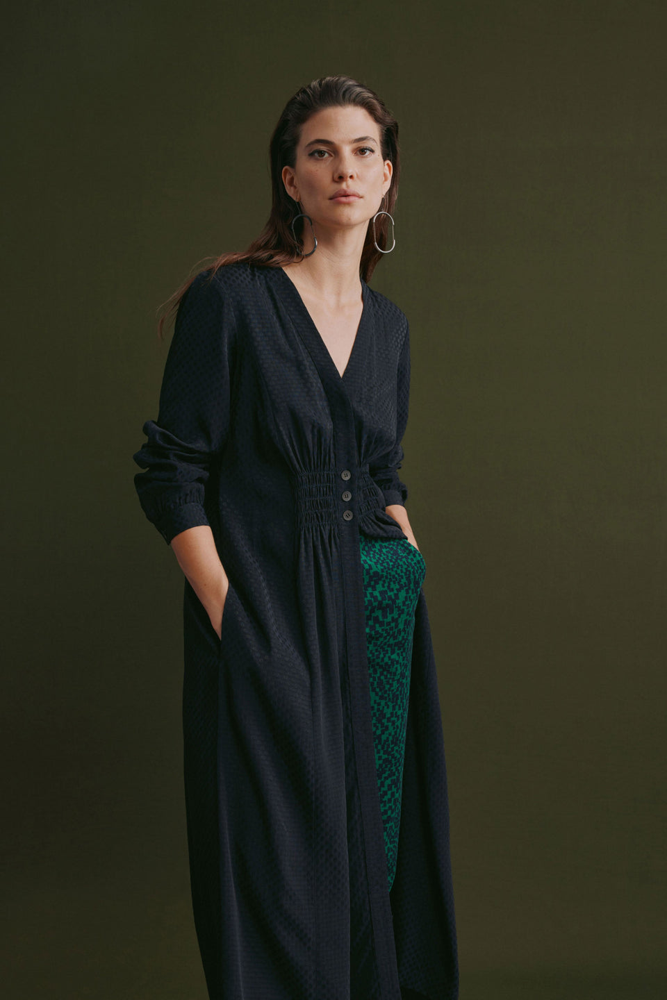 Oben Textured Spot Shirred Waisted Long Sleeve Midi Shirt Dress Model Front Campaign 2 | BLACK