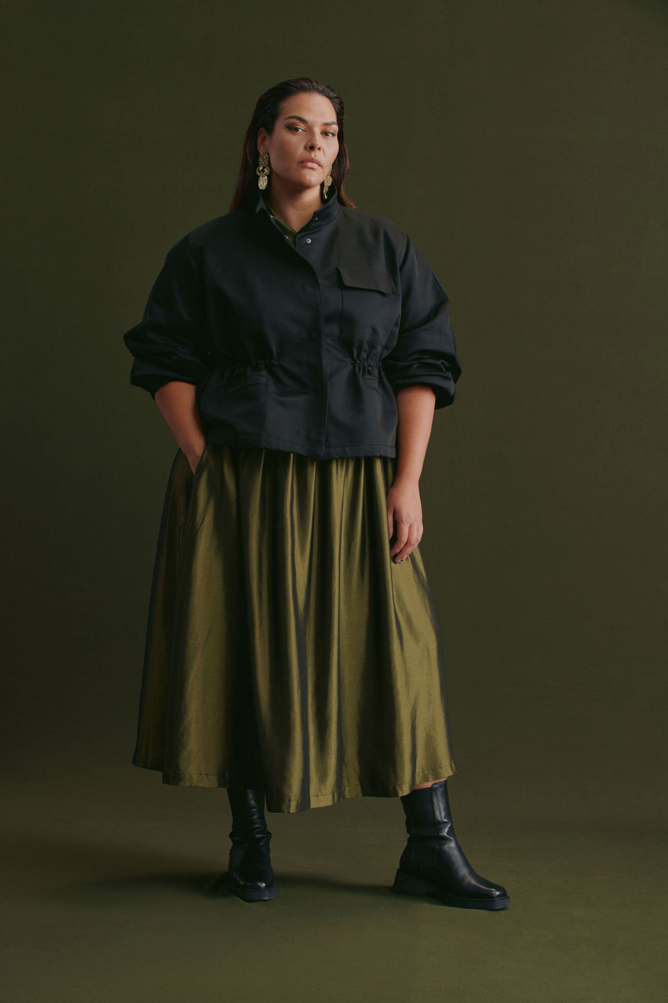 Kobi Cotton Drawstring Waist Short Jacket Curve Model Front full body campaign | BLACK