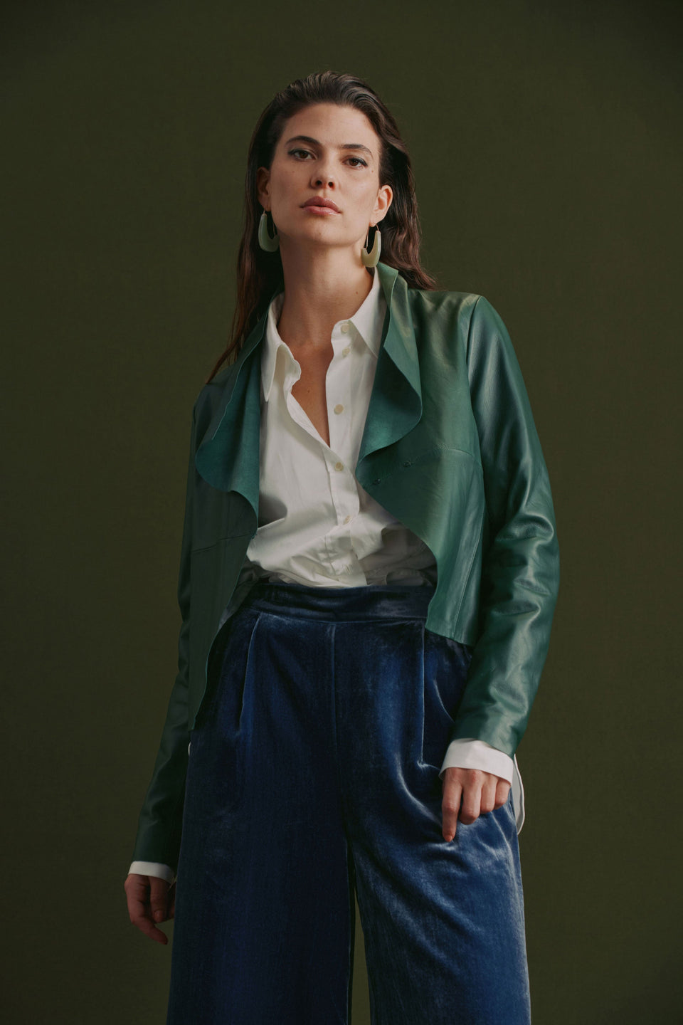 Fine Lamb's Leather Lightweight Waterfall Neckline Jacket Model Front Campaign | MILAN GREEN