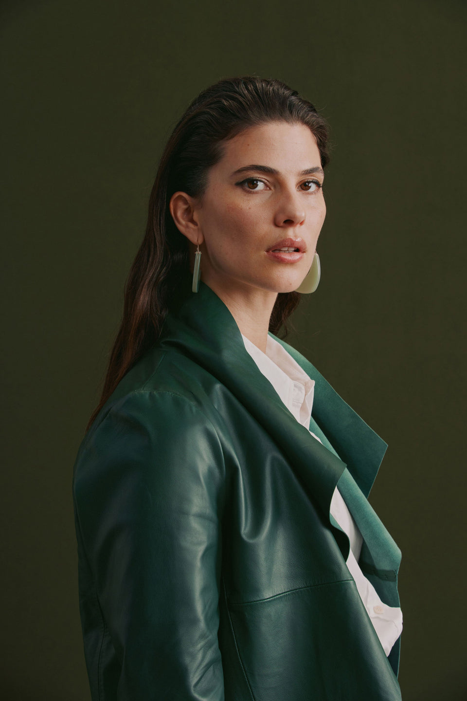 Fine Lamb's Leather Lightweight Waterfall Neckline Jacket Model Front Campaign close up | MILAN GREEN