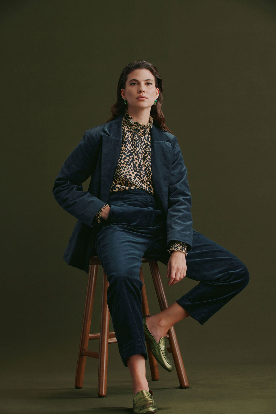 Atles High Waisted Tapered Leg Dark Blue Cut Cord Pant Model Front Campaign | CARBON