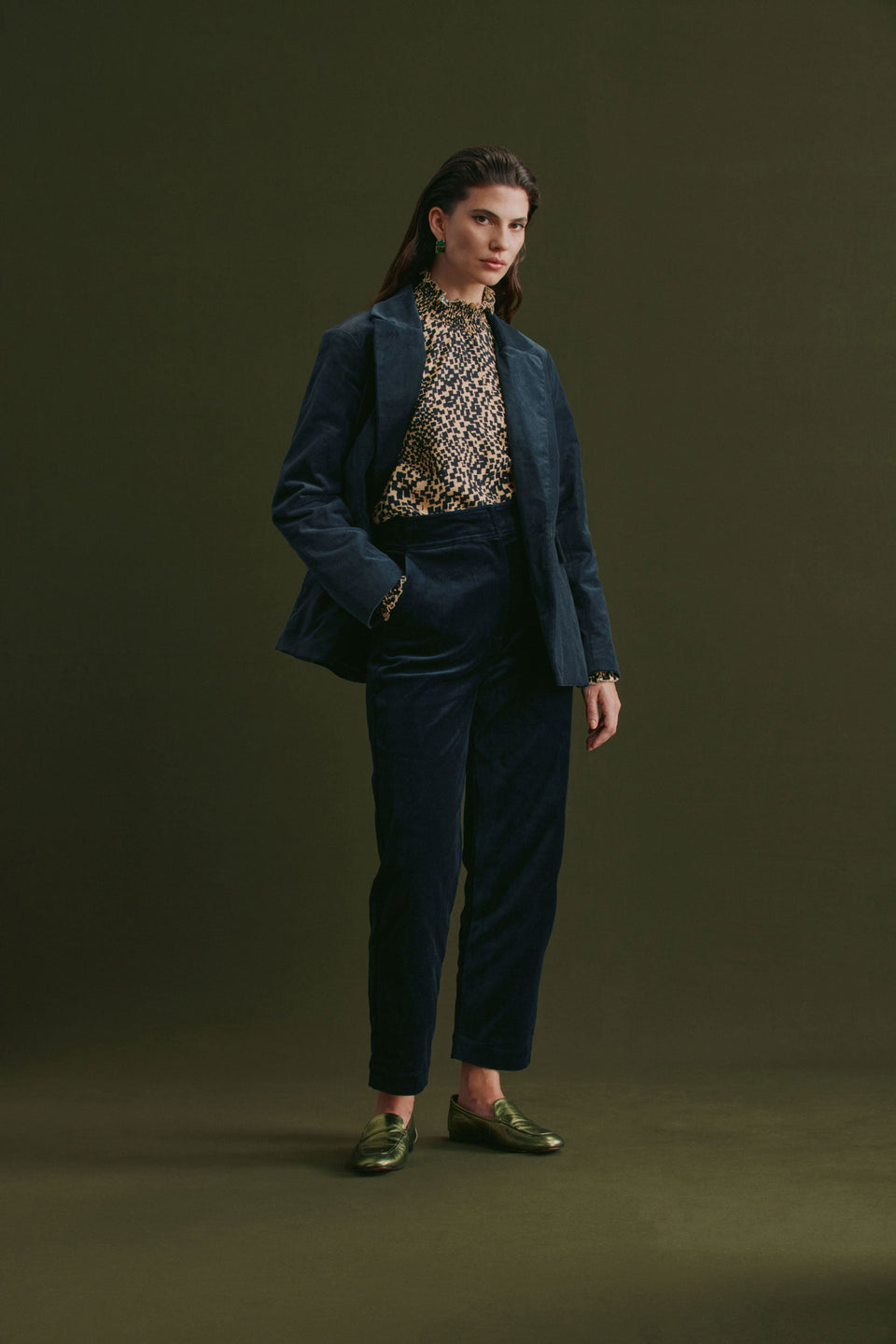 Atles High Waisted Tapered Leg Dark Blue Cut Cord Pant Model Front Campaign 3 | CARBON