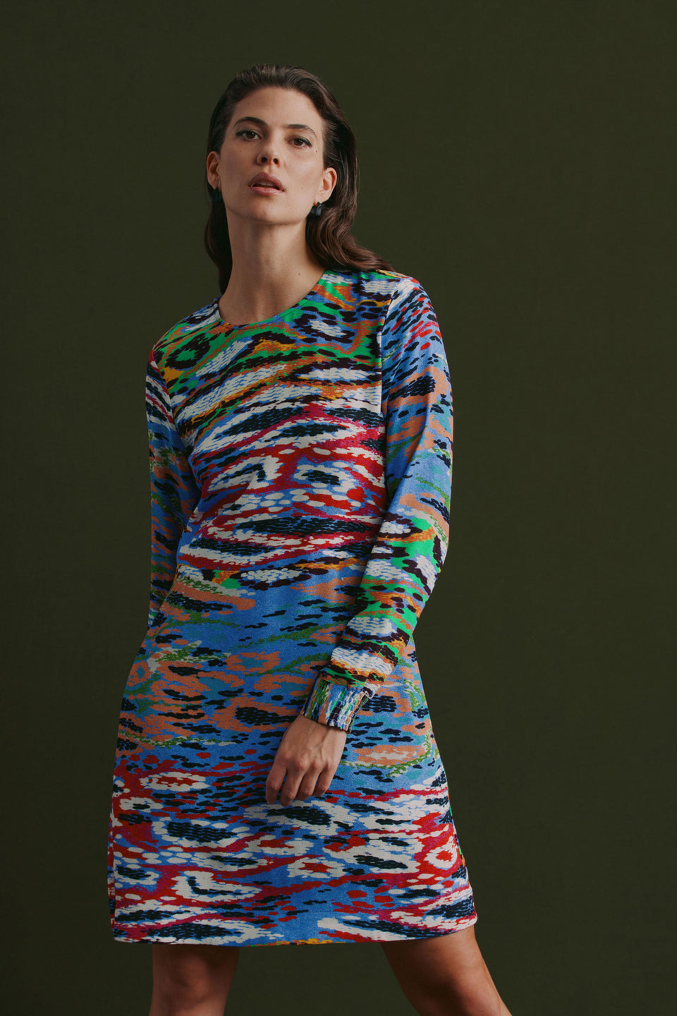 Solina Snake Print Long Sleeved Short Dress with Shirred Back Detail campaign | SERP PRINT