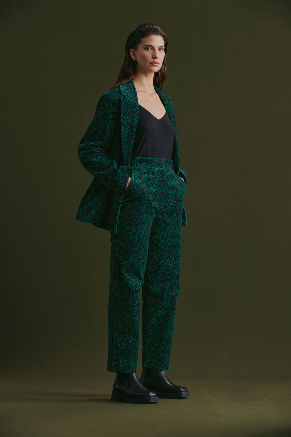 Altes Dark Green Pattern Cut Cord Blazer Jacket Model Front Full Body Campiagn | GREEN SINDA PRINT
