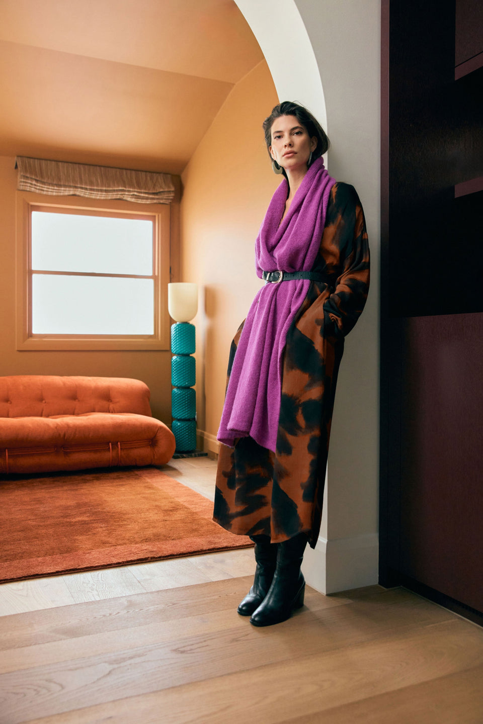 Osmi Button Down Print Crepe Long Sleeve Midi Dress Model Front Campaign | TORTOISE SHELL PRINT