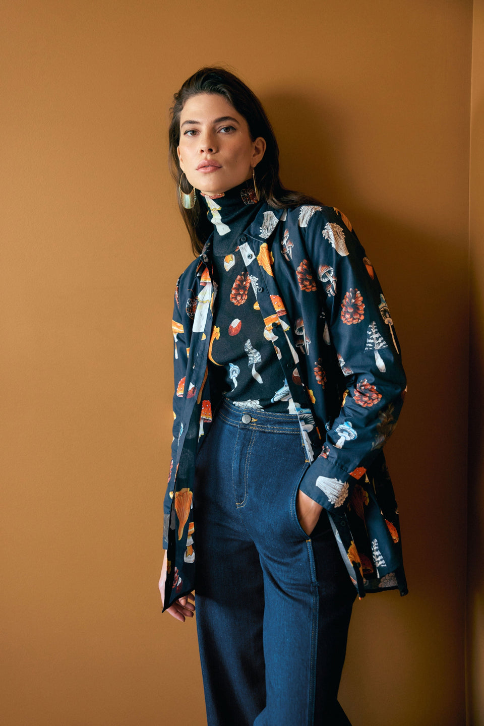 Allem Fine Merino Wool Mushroom Print Skivvy Model Front Campaign 3 | MUSHROOM PRINT