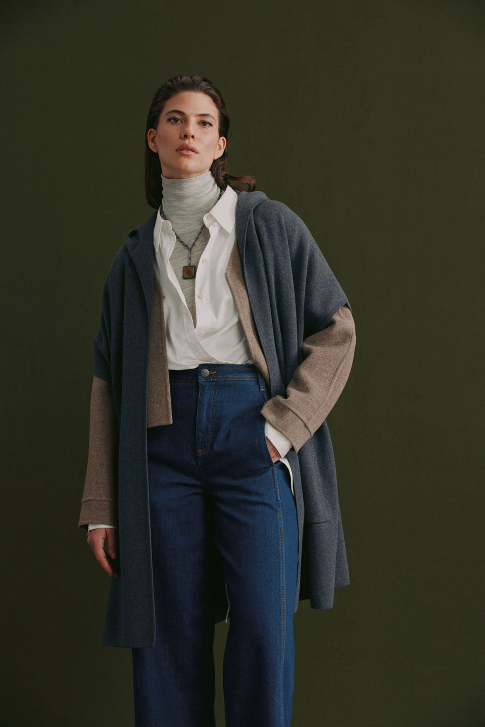 Neuwt Cotton-Wool Open Long Hooded Poncho Model Chanel Front Full Body Campaign | CHARCOAL MELANGE