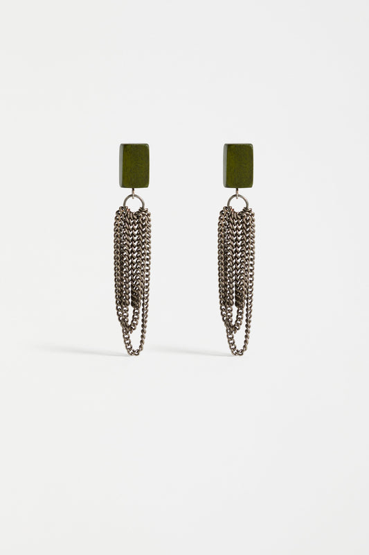 Olavi Chain and Wooden Bead Drop Statement Stud Earring | DARK OLIVE