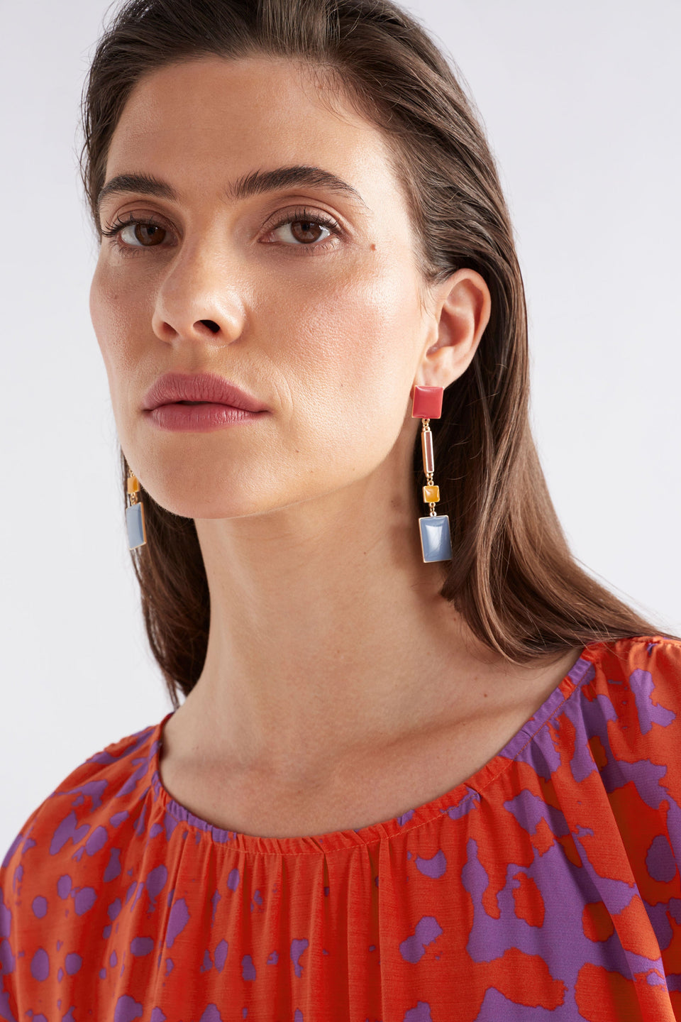 Malin Coloured Enamel Long Drop Earring Model | ARTICHOKE