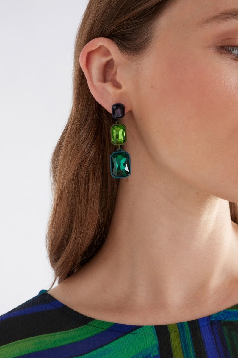 Jule Statement Triple Drop Coloured Glass Earring Model Crop | TEAL