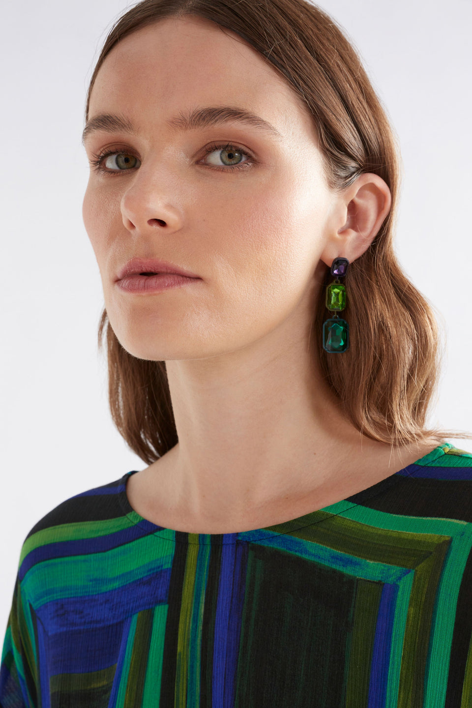 Jule Statement Triple Drop Coloured Glass Earring Model Crop | RED