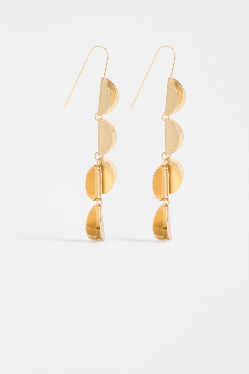 The Fossen Drop Earring features folded metal discs in a vertical row with a brushed finish ELK | GOLD