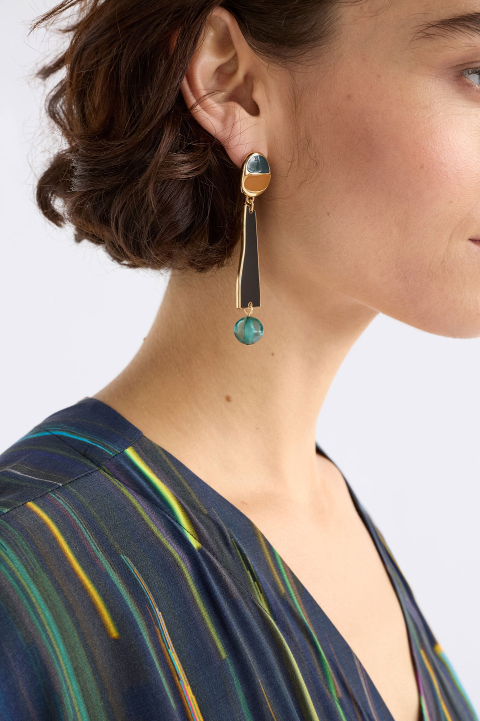 Ter Coloured Enamel and Bead Drop Stud Earring Blue Model Detail | GOLD